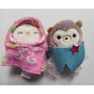 Squishmallow S.8 Lesedi the Owl Mini w/ Cute Parka & Hedgehog W/Mermaid Suit Lot